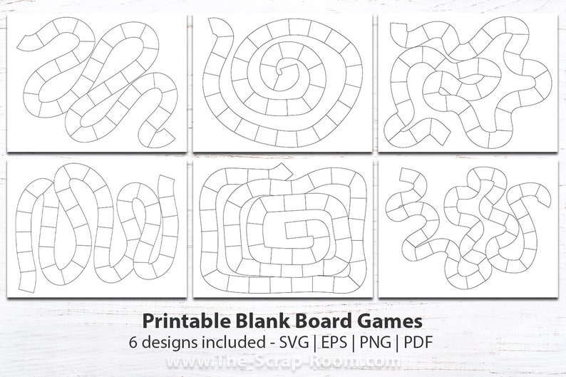 May include: Six printable blank board game designs in black and white. The designs include various paths and spirals, perfect for creating custom board games. The text "Printable Blank Board Games" is at the bottom.