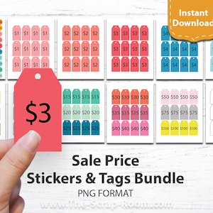 May include: A bundle of sale price stickers and tags in various colors and values, including $1, $2, $3, $4, $5, $6, $7, $8, $9, $15, $20, $25, $30, $35, $40, $50, $75, and $100. The image includes the text "Sale Price Stickers & Tags Bundle".