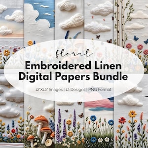 Pacote de papel digital bordado com flores silvestres, textura de linho, papel para scrapbook, padrões florais 3D, papel cartão digital para artesanato