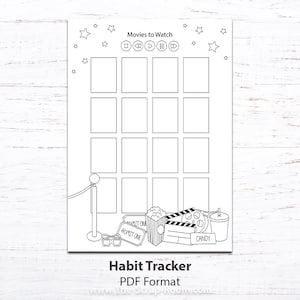 Movie Tracker printable with movie theater cinema doodles Printable movie bucket list tracker movies to watch date night movie lover
