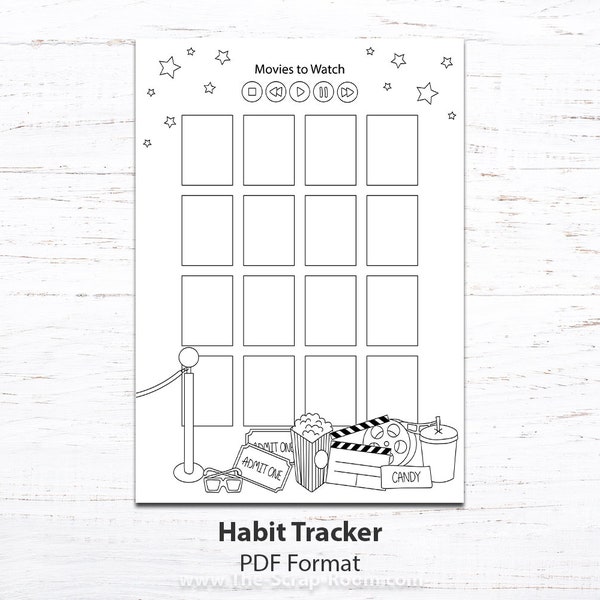 Movie Tracker printable with movie theater, cinema doodles - Printable film tracker, movies list, movies to watch, movie date night