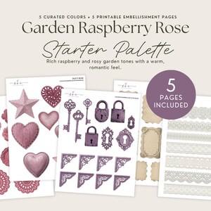 Peut inclure: Cinq feuilles imprimables avec des ornements Garden Raspberry Rose, incluant des fleurs, cœurs, étoiles, clés anciennes, cadenas, cadres ornés et bordures en dentelle dans des tons framboise, rose et crème avec un cercle violet 5 pages included.