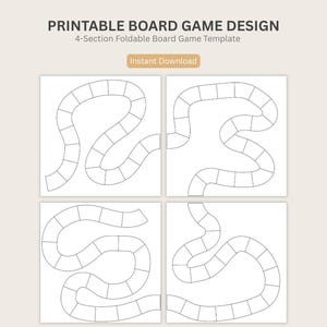 May include: Printable board game design template with a 4-section foldable layout. The design features four white squares, each with a winding path of connected boxes, perfect for creating custom board games. The text "Printable Board Game Design" and "Instant Download" are visible.