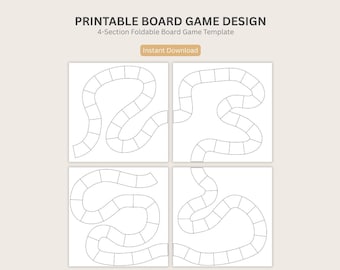 May include: Printable board game design template with a 4-section foldable layout. The design features four white squares, each with a winding path of connected boxes, perfect for creating custom board games. The text "Printable Board Game Design" and "Instant Download" are visible.