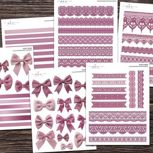 May include: A collection of sticker sheets featuring dusty rose coloured elements including various sizes of bows, horizontal ribbon strips, and intricate lace borders. The designs are printed on white paper with a consistent muted pink colour palette throughout.