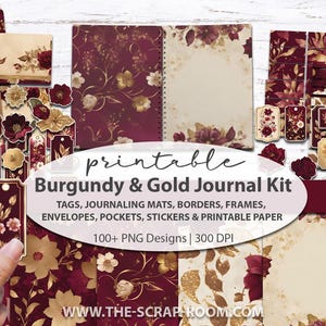 Kit stampabile per diario spazzatura, etichette di carta digitale bordeaux e oro, adesivi, abbellimenti di effimeri dal taglio preciso, kit per scrapbooking, lavoretti di carta