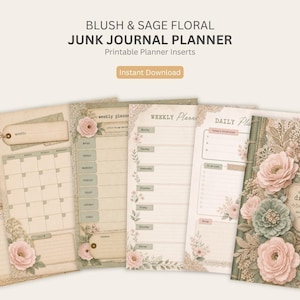 May include: A collection of printable junk journal planner inserts with a blush and sage floral theme. The pages feature floral accents, calendar layouts, and weekly and daily planning sections. The design includes the text "BLUSH & SAGE FLORAL JUNK JOURNAL PLANNER".
