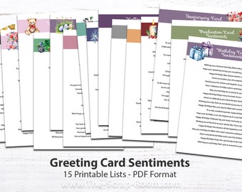 Printable Greeting Card Sentiments lists Ideas to write in your greeting cards 15 occasions / holidays Birthday Christmas Anniversary