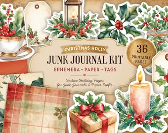 May include: A junk journal kit featuring 36 printable pages with Christmas holly themes. The collection includes watercolor illustrations of holly, red berries, a teacup, a lantern, a candle, gift boxes, and tags on a vintage-style paper background.