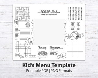 Printable Kid's Menu Template, kid's menu, printable menu, activity menu, kids activity, party decor, party printable, activity sheet