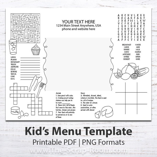 Modello di menu per bambini stampabile, menu per bambini, menu stampabile, menu attività, attività per bambini, arredamento per feste, festa stampabile, foglio attività