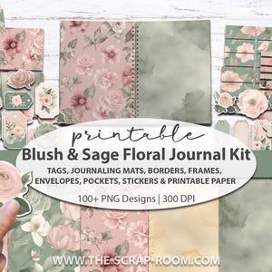 Kit imprimible para diario basura en color rosa ruborizado, salvia, etiquetas, pegatinas, recortes, efímeras y adornos. Kit para diario basura shabby.
