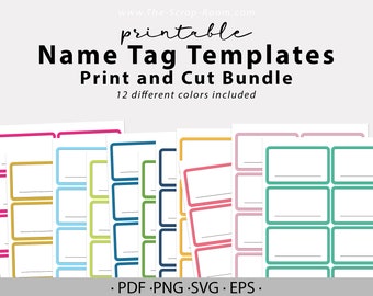 Printable Name tag template for reunions, parties, events, labels - 12 colors of digital stickers to print, cut, use, diy name tag stickers