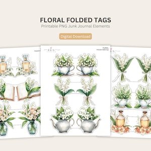 May include: Three sheets of printable digital junk journal elements featuring floral folded tags. The designs include watercolor illustrations of lily of the valley in teacups, teapots, open books, and glass perfume bottles with soft green and white tones.