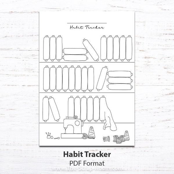 Fabric Bolt Habit Tracker printable - Printable 31 Day PDF Habit Tracker template with bolts of fabric & sewing supplies to color in