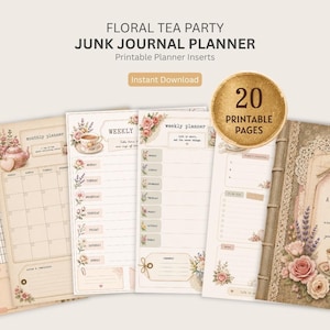 Può includere: Un set di 20 pagine di agenda stampabili intitolate Floral Tea Party Junk Journal Planner. Le pagine presentano sfondi color crema con illustrazioni di rose rosa, teiere e tazze da tè. Il testo include "A cup of tea and a plan".