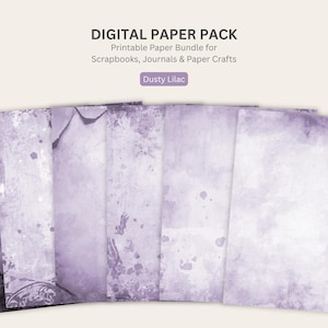 Peut inclure: Un pack de papier numérique comprenant une collection de feuilles imprimables dans des tons lilas poussiéreux. Les papiers présentent diverses textures vieillies, des lavis d'aquarelle et des motifs grunge subtils. Texte : DIGITAL PAPER PACK, Printable Paper Bundle for Scrapbooks, Journals & Paper Crafts, Dusty Lilac.