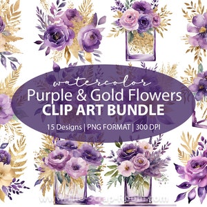 Paarse en gouden bloemen aquarel illustraties ontwerpen, paarse bloemen illustraties, aquarel bloemen, paarse en gouden aquarel illustraties