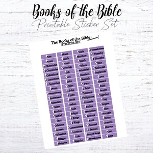 May include: A printable sticker set featuring the names of all the books of the Bible. The stickers are on a purple background with black text. The text "The Books of the Bible" is at the top of the sheet.