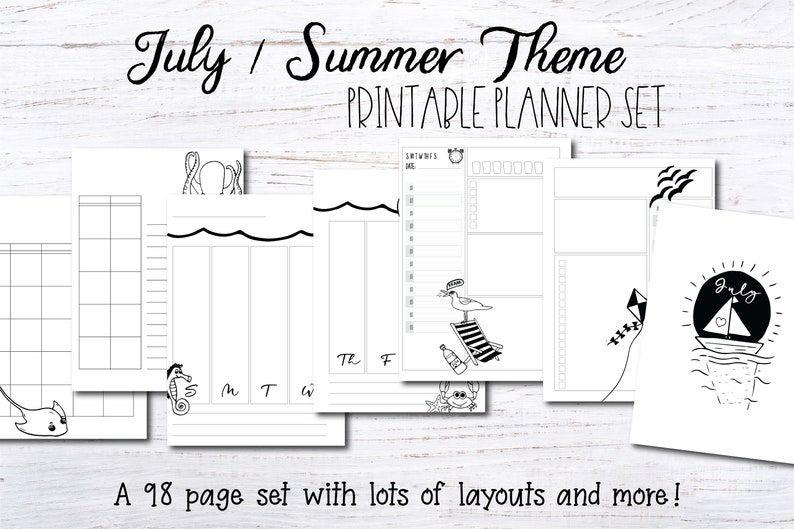 July / Summer theme printable planner/journal-with coloring image 1
