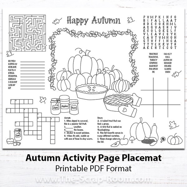 Fall / Autumn Fun Printable Kids Placemat - Festive Puzzles, Coloring, and Activities with Autumn doodle illustrations for kids to color in