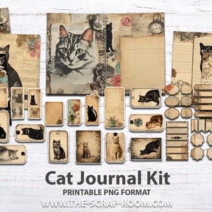Papiers numériques imprimable kit de journal indésirable pour chat, étiquettes autocollants, embellissements éphémères coupés difficiles, impression png, album de scrapbooking chat imprimable