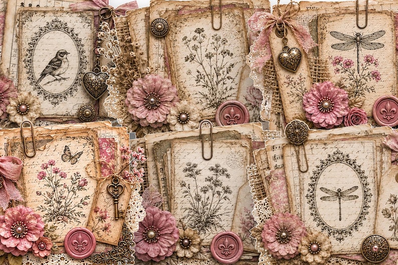 Pink Floral Layered Paper Clusters Printable Junk Journal ...