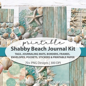 Kit imprimible para diario basura estilo Shabby Beach, etiquetas, pegatinas, recortes, adornos y mucho más.