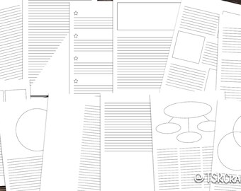 Op de afbeelding: Een set met printbare plannerpagina's met verschillende lay-outs, waaronder gelinieerde pagina's, blanco pagina's en pagina's met cirkels en Venn-diagrammen. De pagina's zijn ontworpen voor het maken van aantekeningen, brainstormen en het organiseren van ideeën.