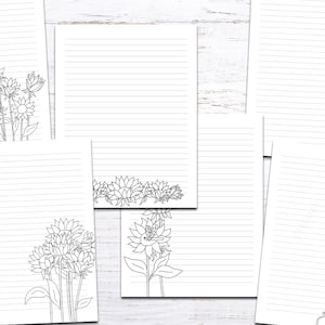 Carta a righe stampabile con illustrazioni di scarabocchi di girasoli College Ruled e Wide Ruled inclusi 6 diversi design di carta a righe digitali
