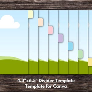 Peut inclure: Ensemble de modèles de séparateurs colorés avec un design de paysage. Chaque séparateur mesure 10,9 cm x 16,5 cm et présente un ciel bleu, un nuage blanc et des collines vertes. Les onglets sont de couleurs pastel variées. Texte en bas : "4.3"x6.5" Divider Template Template for Canva."