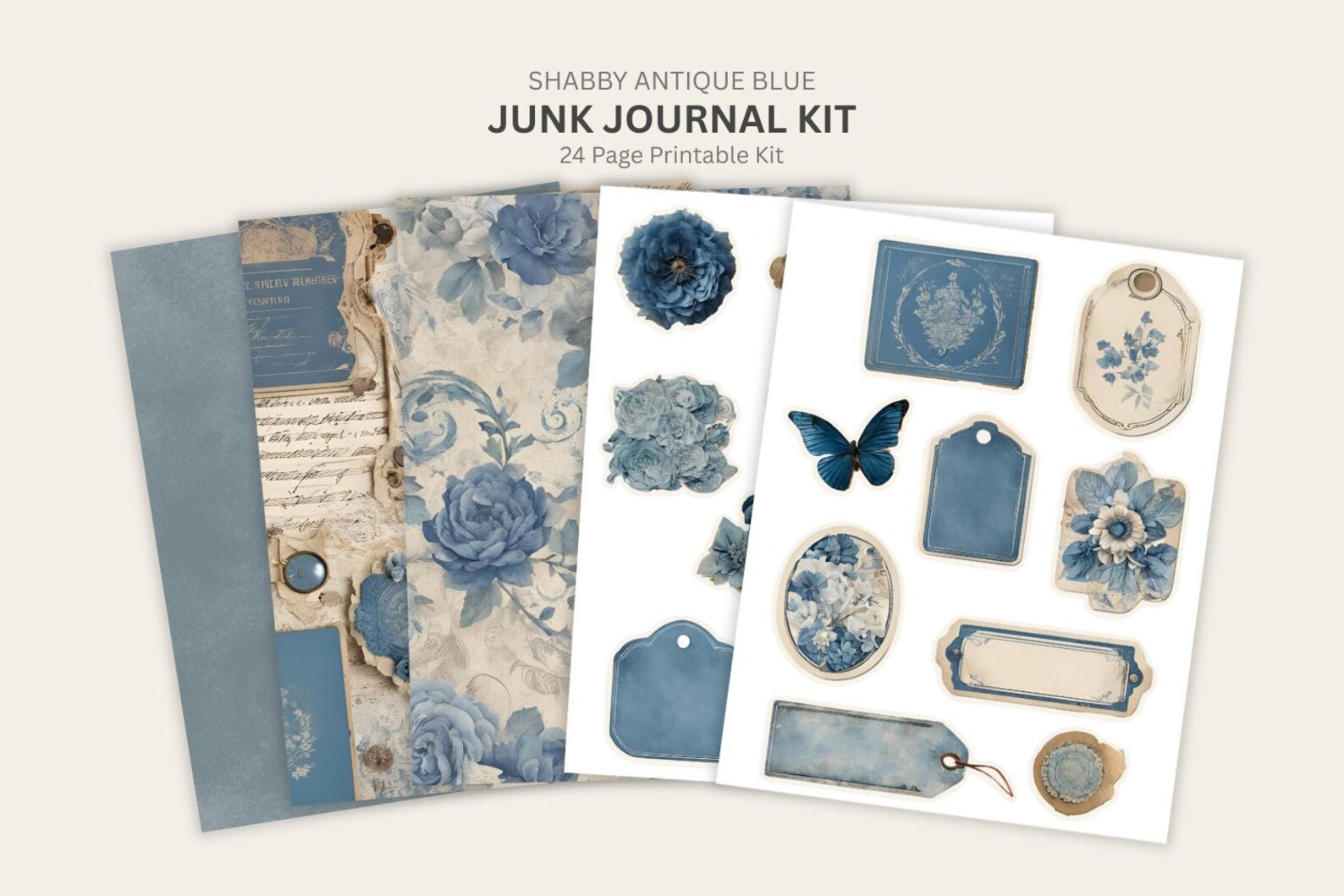 Printable Junk Journal Kit Blue and Gold Vintage Ephemera Elegant ...