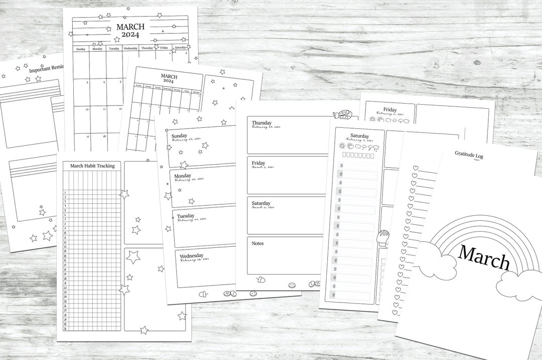 March 2024 Planner Kit, Printable Doodle Planner Inserts for March