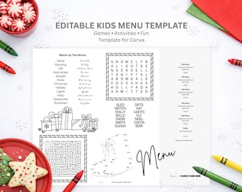 Printable Kid's Menu EDITABLE Template for Christmas kid's menu printable menu activity menu kids menu template Christmas menu
