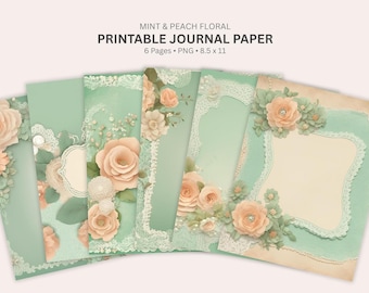 Papel digital con diseño floral vintage en verde menta y melocotón, páginas florales para diario basura, papel para imprimir, kit para diario