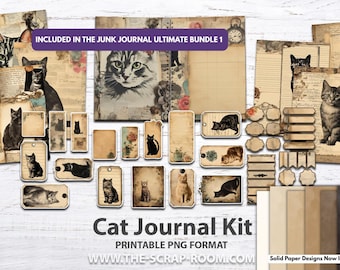 Cat Junk Journal Kit Printable Vintage Cat Ephemera Cottagecore Journal Pages Whimsical Paper Craft Collection