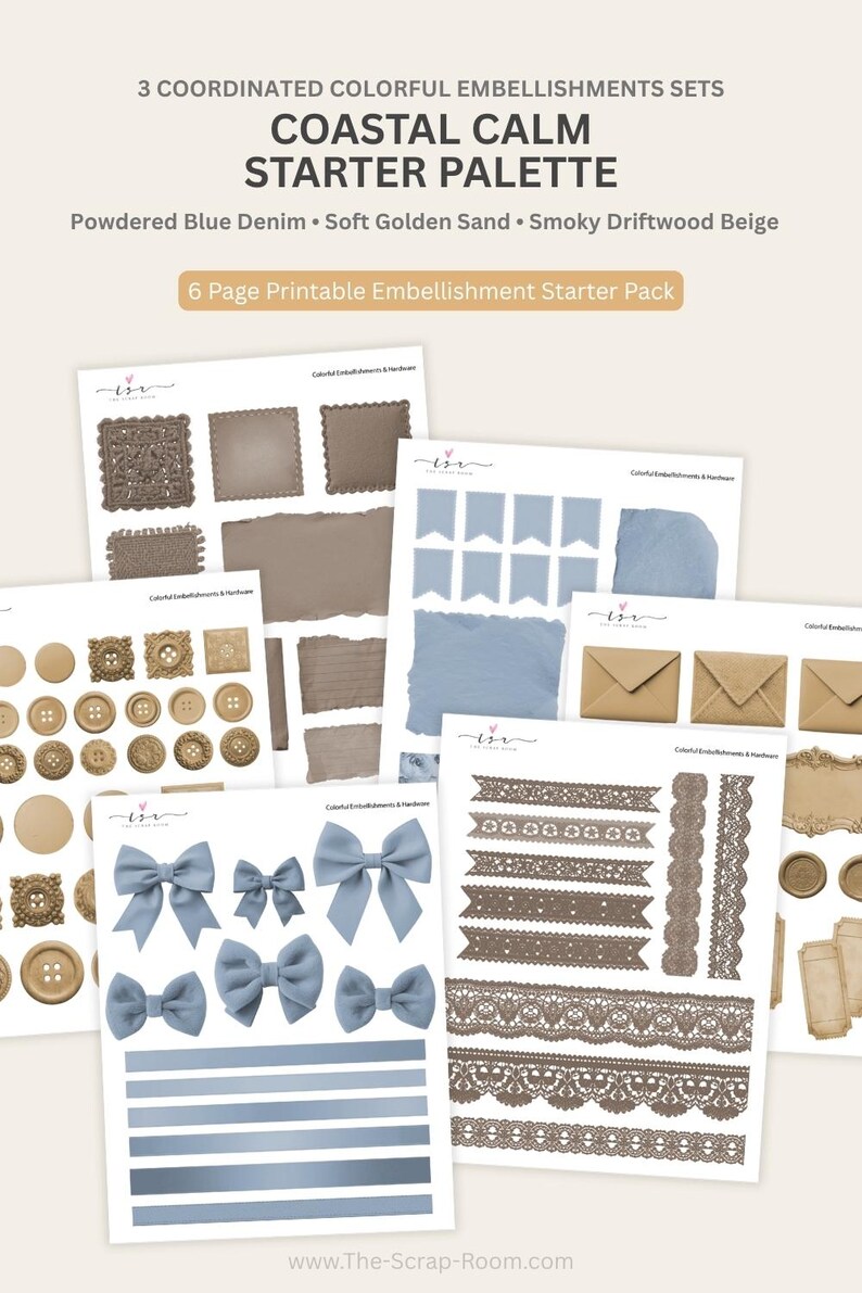Coastal Calm Printable Paper Craft Embellishments Starter Palette Junk ...