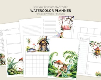 Planificador A5 imprimible con páginas para imprimir. Planificador de hadas estilo cottagecore. Rastreador de hábitos diario, semanal y mensual. Lista de tareas sin fecha.