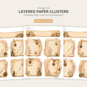 Pode incluir: Uma cole&ccedil;&atilde;o de grupos de papel digital imprim&iacute;vel com ilustra&ccedil;&otilde;es de gatos em estilo vintage, pegadas e etiquetas decorativas em fundos de papel envelhecido em tons de s&eacute;pia. O texto diz Vintage Cat LAYERED PAPER CLUSTERS Printable PNG Junk Journal Elements Digital Download.