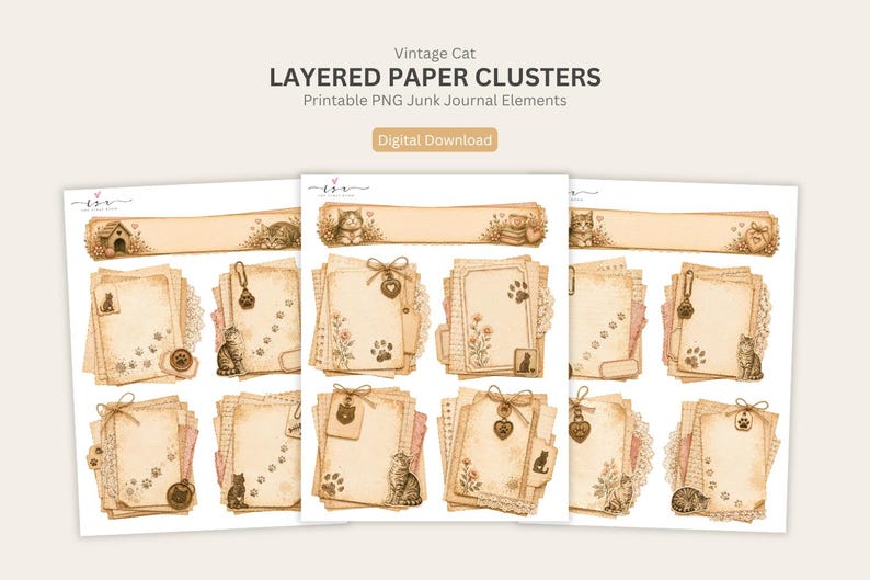 Pode incluir: Uma cole&ccedil;&atilde;o de grupos de papel digital imprim&iacute;vel com ilustra&ccedil;&otilde;es de gatos em estilo vintage, pegadas e etiquetas decorativas em fundos de papel envelhecido em tons de s&eacute;pia. O texto diz Vintage Cat LAYERED PAPER CLUSTERS Printable PNG Junk Journal Elements Digital Download.
