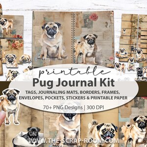 Kit de journal indésirable carlin imprimable amoureux des chiens papiers numériques coupe difficile autocollants imprimables éphémères embellissements impression et coupe png pour travaux manuels