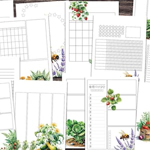 May include: A collection of printable planner pages with garden-themed watercolor illustrations. Includes pages for reminders, gratitude logs, and habit trackers. Features images of bees, strawberries, and vegetables.