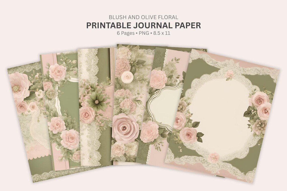 Vintage Blush Pink and Olive Green Floral Paper Digital Paper Junk ...