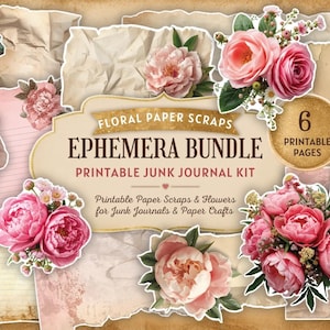 May include: A digital ephemera bundle featuring six printable pages of floral paper scraps. The collection includes various pink peony bouquets, aged parchment textures, and lined paper elements with the text Floral Paper Scraps Ephemera Bundle.