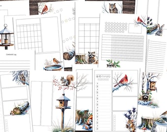 Può includere: Una collezione di pagine di pianificazione stampabili con illustrazioni ad acquerello di uccelli, scoiattoli e scene invernali. Le pagine includono calendari, liste di controllo e registri di gratitudine, tutti a tema invernale.