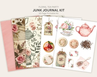 Floral Tea Party Junk Journal Kit Vintage Tea Ephemera Printable Cottagecore Journal Pages Shabby Chic Paper Craft Kit