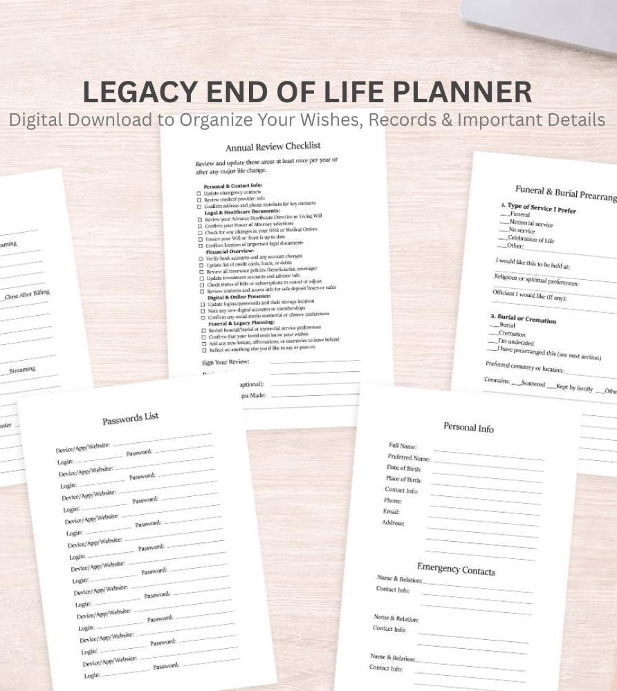 End of Life Printable Planner Bundle Legacy Planning Workbook Funeral ...