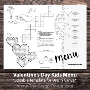 Menù per bambini stampabile Modello modificabile per il menu per bambini di San Valentino Menu attività stampabile Modello di menu per bambini Menu di San Valentino