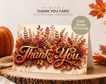 Printbare bedankkaart met herfstbloemenmotief, A2-formaat, inclusief envelop (digitale download).