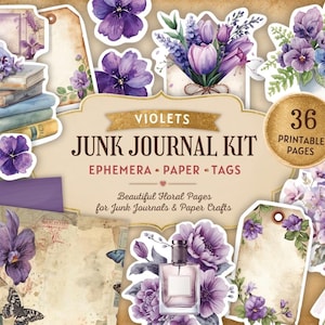 Könnte beinhalten: Ein Junk-Journal-Set mit 36 druckbaren Seiten in violetten und lila Blütendesigns. Die Sammlung enthält Ephemera, Papier und Anhänger mit Illustrationen von Büchern, Parfümflakons, Blumensträußen und Schmetterlingen auf Vintage-Hintergründen.